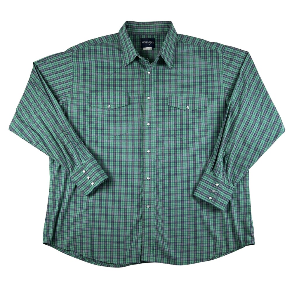 Wrangler Shirt Mens 2XL Western Green Plaid Pearl Snap Long Sleeve Stretch